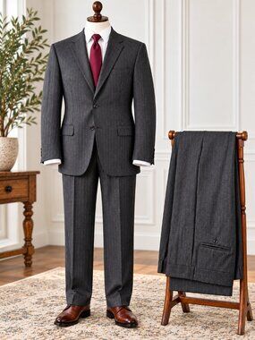 Men’s Gray Pinstripe Wool Blend Suit Made in England 54R 40L